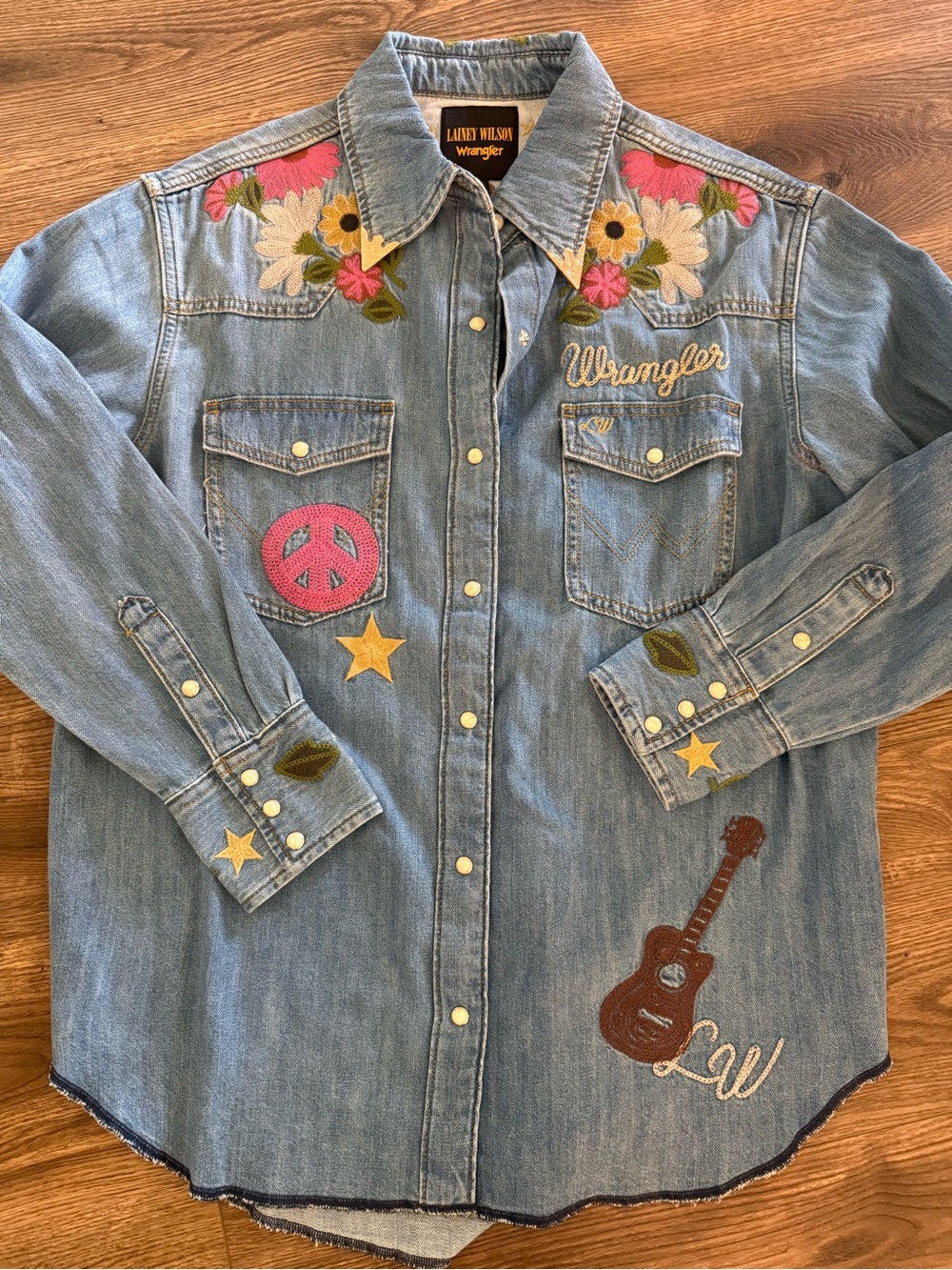 Wrangler Light Blue Denim Shirt with Floral Embroidery & Patch Details